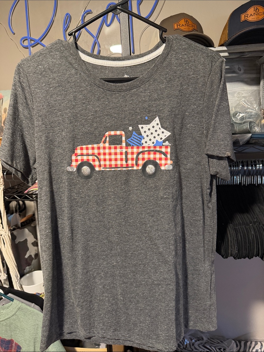 Women’s Gray Short Sleeve Tee with Red Gingham Truck Graphic - Patriotic Style